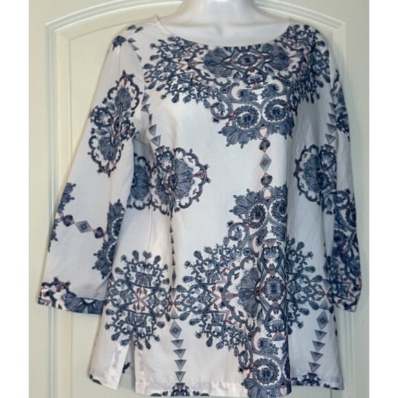 Kenar Patterned Tunic Style Blouse Medium 3/4 Sleeve 4 Inch Slits Hem Resortwear - Picture 1 of 3